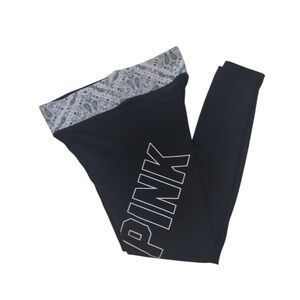 Victoria Secret Pink Yoga Leggins Woman Medium Black Paisley Logo Mix Rise‎